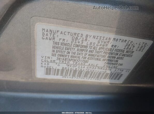 3N1AB7AP0KY217580 2019 NISSAN SENTRA Gray Вид підкапотного простору