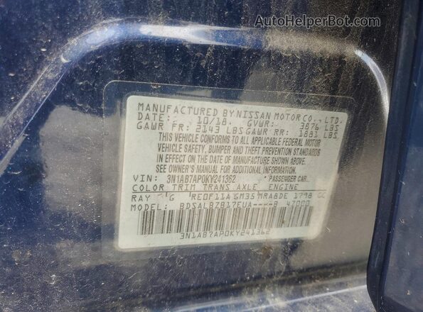 3N1AB7AP0KY241362 2019 NISSAN SENTRA Blue Widok komory silnika
