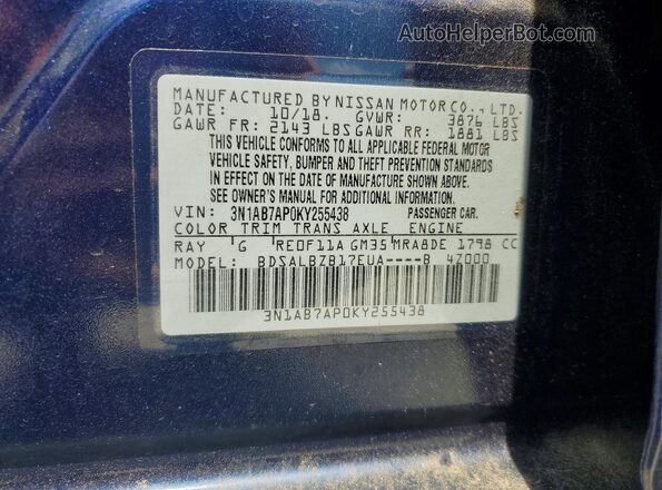 3N1AB7AP0KY255438 2019 NISSAN SENTRA Blue VIN კოდის სტიკერის ხედი