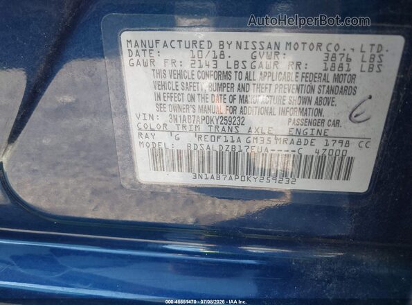 3N1AB7AP0KY259232 2019 NISSAN SENTRA Blue Vista del compartimento del motor