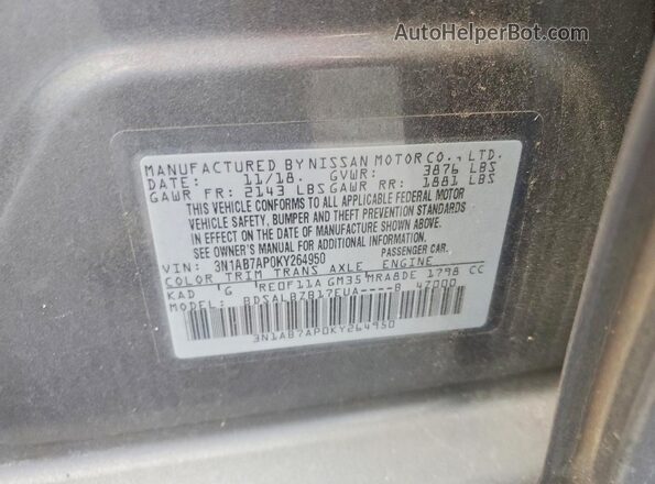 3N1AB7AP0KY264950 2019 NISSAN SENTRA Gray VIN sticker view