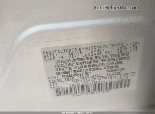 3N1AB7AP0KY278007 2019 NISSAN SENTRA Silver Vista del compartimento del motor