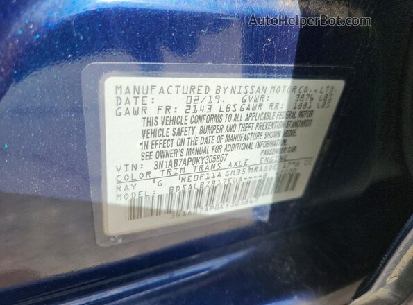 3N1AB7AP0KY305867 2019 NISSAN SENTRA Blue Vista de la etiqueta del VIN