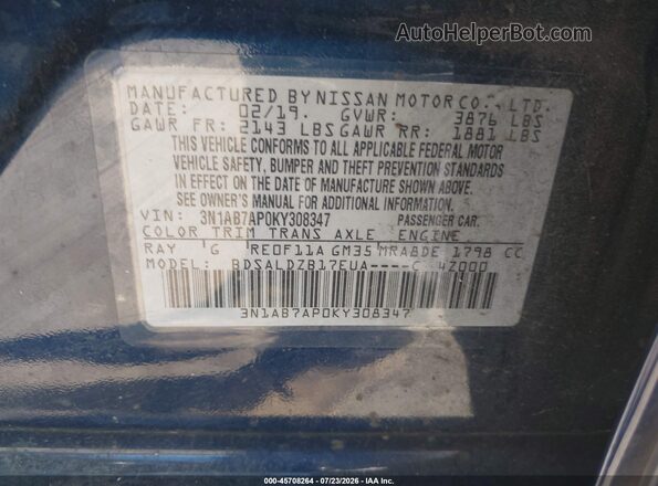 3N1AB7AP0KY308347 2019 NISSAN SENTRA Blue Vista del compartimento del motor