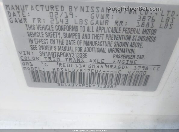 3N1AB7AP0KY313385 2019 NISSAN SENTRA White Vista del compartimento del motor