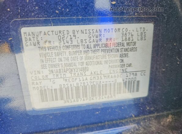 3N1AB7AP0KY314889 2019 NISSAN SENTRA Blue Widok komory silnika