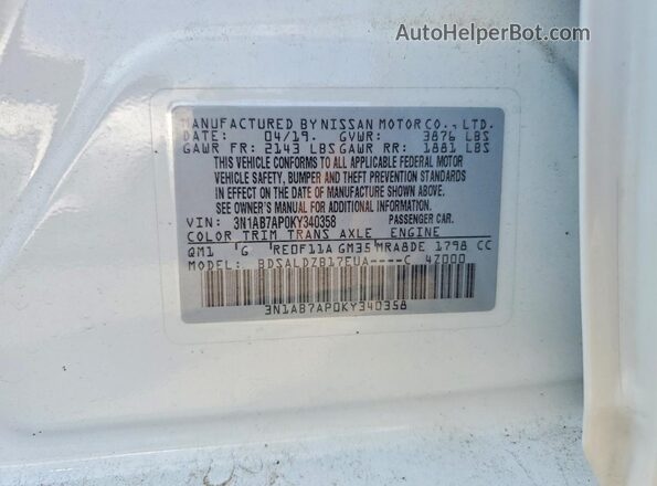 3N1AB7AP0KY340358 2019 NISSAN SENTRA White VIN კოდის სტიკერის ხედი