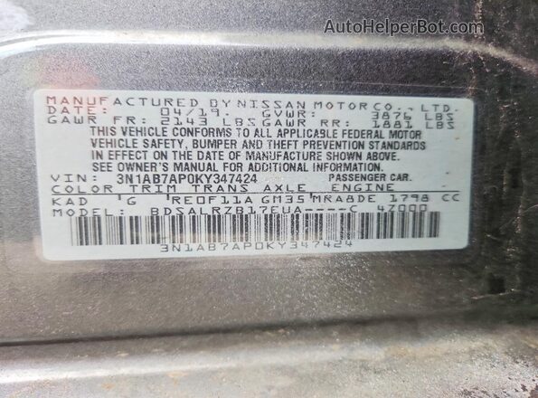 3N1AB7AP0KY347424 2019 NISSAN SENTRA Silver VIN sticker view