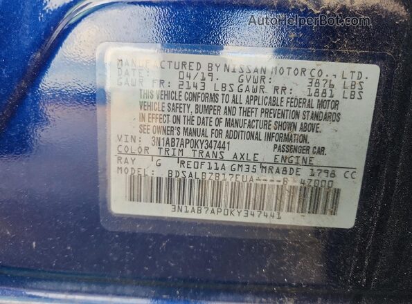 3N1AB7AP0KY347441 2019 NISSAN SENTRA Blue ძრავის განყოფილების ხედი