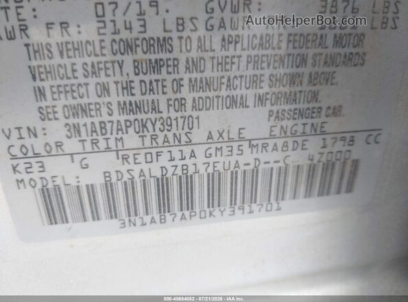 3N1AB7AP0KY391701 2019 NISSAN SENTRA Silver Շարժիչի բաժամունքի տեսք