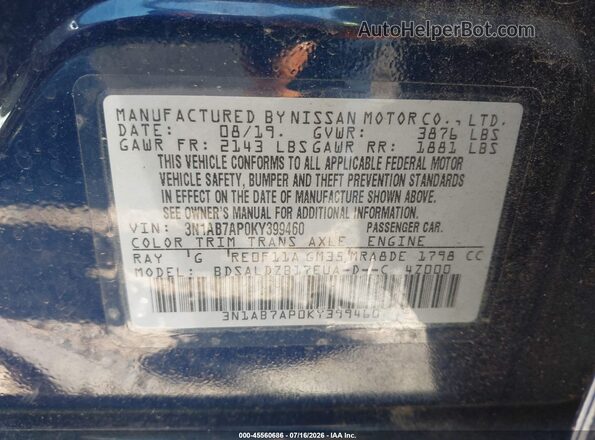 3N1AB7AP0KY399460 2019 NISSAN SENTRA Blue Widok komory silnika