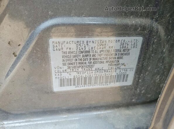 3N1AB7AP0KY426267 2019 NISSAN SENTRA Gray Widok komory silnika