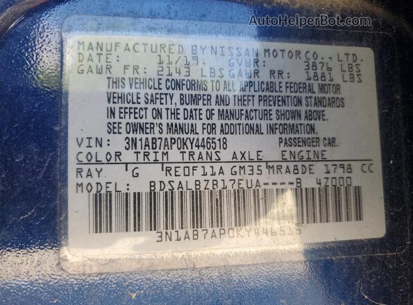 3N1AB7AP0KY446518 2019 NISSAN SENTRA Blue Engine compartment view