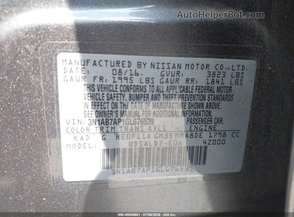 3N1AB7AP1GL676539 2016 NISSAN SENTRA Gray Շարժիչի բաժամունքի տեսք