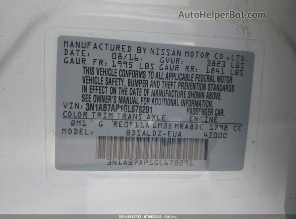 3N1AB7AP1GL678291 2016 NISSAN SENTRA White Շարժիչի բաժամունքի տեսք