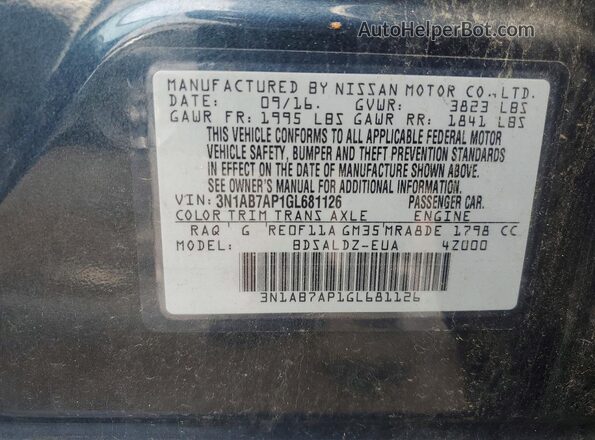3N1AB7AP1GL681126 2016 NISSAN SENTRA Blue Engine compartment view