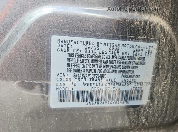 3N1AB7AP1GY214890 2016 NISSAN SENTRA Gray Vista de la etiqueta del VIN