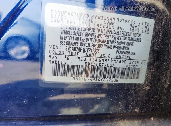 3N1AB7AP1GY217336 2016 NISSAN SENTRA Blue Շարժիչի բաժամունքի տեսք