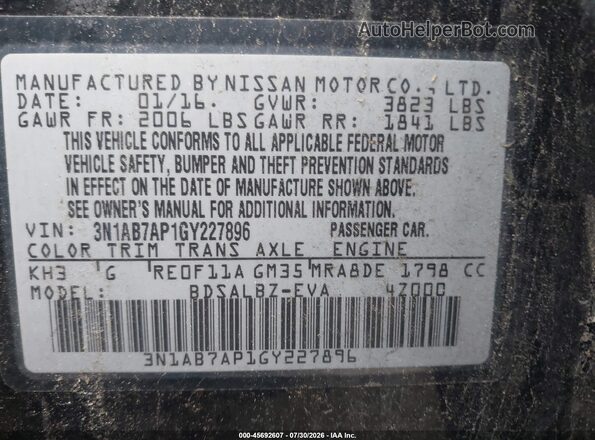 3N1AB7AP1GY227896 2016 NISSAN SENTRA Black ძრავის განყოფილების ხედი
