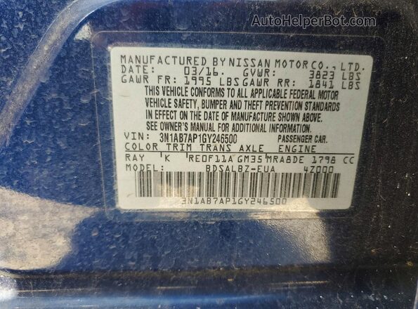 3N1AB7AP1GY246500 2016 NISSAN SENTRA Blue Engine compartment view