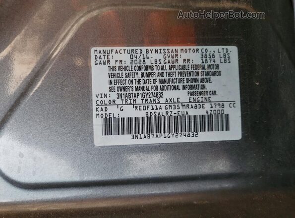3N1AB7AP1GY274832 2016 NISSAN SENTRA Gray VIN sticker view