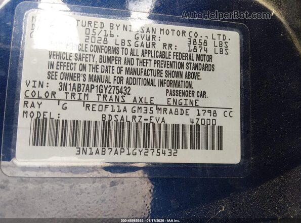 3N1AB7AP1GY275432 2016 NISSAN SENTRA Blue Շարժիչի բաժամունքի տեսք