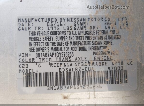 3N1AB7AP1GY276256 2016 NISSAN SENTRA Silver Engine compartment view