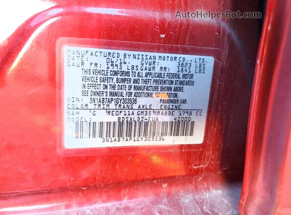 3N1AB7AP1GY303536 2016 NISSAN SENTRA Red Vista de la etiqueta del VIN