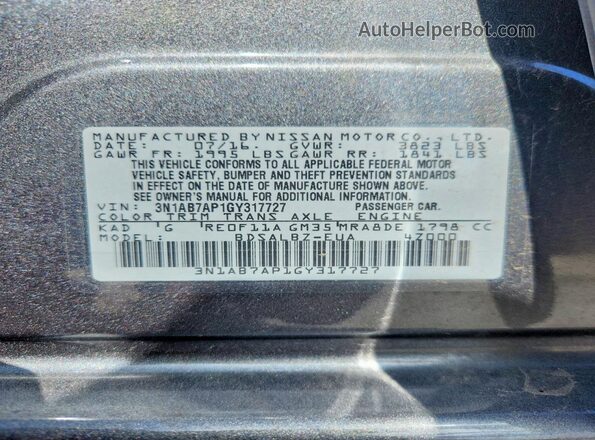 3N1AB7AP1GY317727 2016 NISSAN SENTRA Gray VIN sticker view