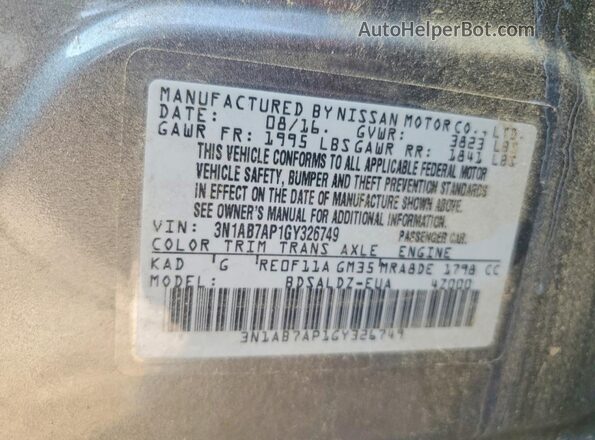 3N1AB7AP1GY326749 2016 NISSAN SENTRA Gray Շարժիչի բաժամունքի տեսք