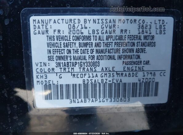 3N1AB7AP1GY330803 2016 NISSAN SENTRA Black ძრავის განყოფილების ხედი