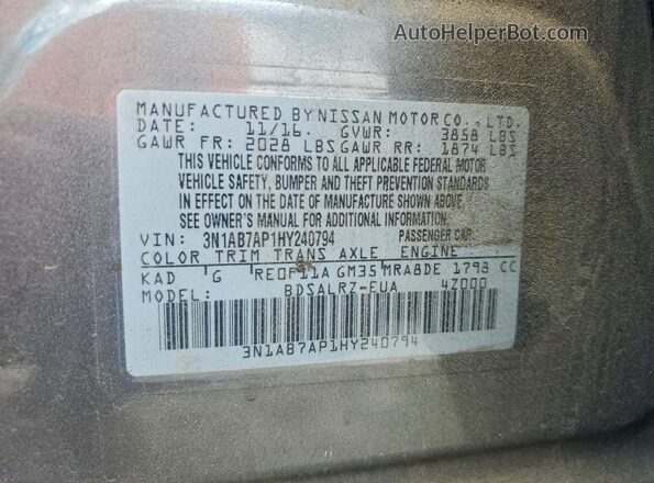 3N1AB7AP1HY240794 2017 NISSAN SENTRA Gray Vista de la etiqueta del VIN