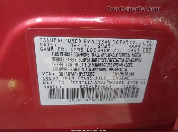 3N1AB7AP1HY273357 2017 NISSAN SENTRA Red Շարժիչի բաժամունքի տեսք