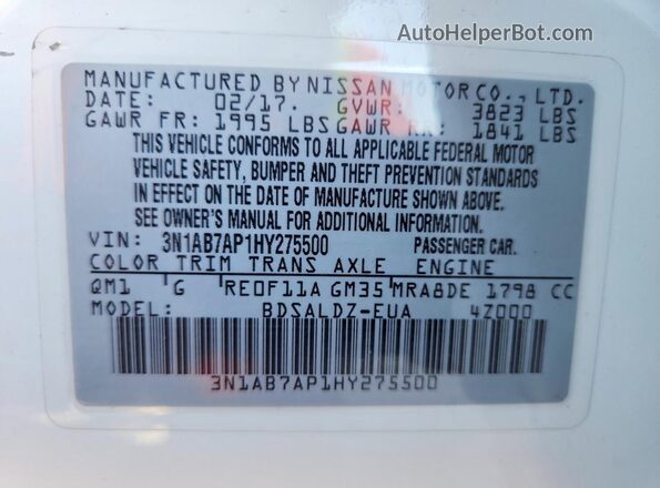 3N1AB7AP1HY275500 2017 NISSAN SENTRA White Շարժիչի բաժամունքի տեսք