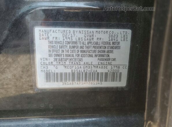 3N1AB7AP1HY281345 2017 NISSAN SENTRA Black VIN კოდის სტიკერის ხედი