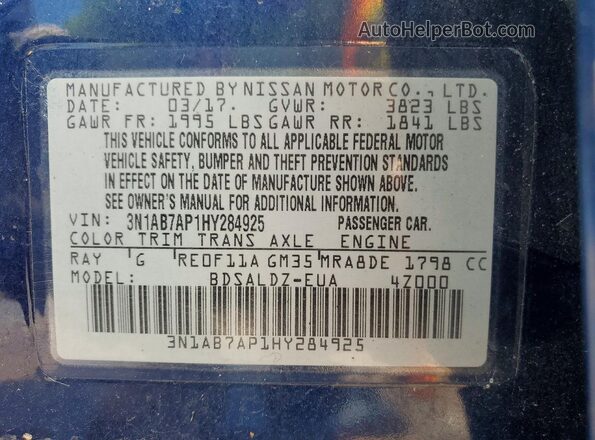 3N1AB7AP1HY284925 2017 NISSAN SENTRA Blue Շարժիչի բաժամունքի տեսք