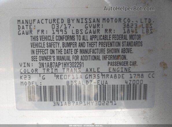 3N1AB7AP1HY302291 2017 NISSAN SENTRA Silver Widok komory silnika