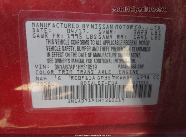 3N1AB7AP1HY310519 2017 NISSAN SENTRA Red Widok komory silnika