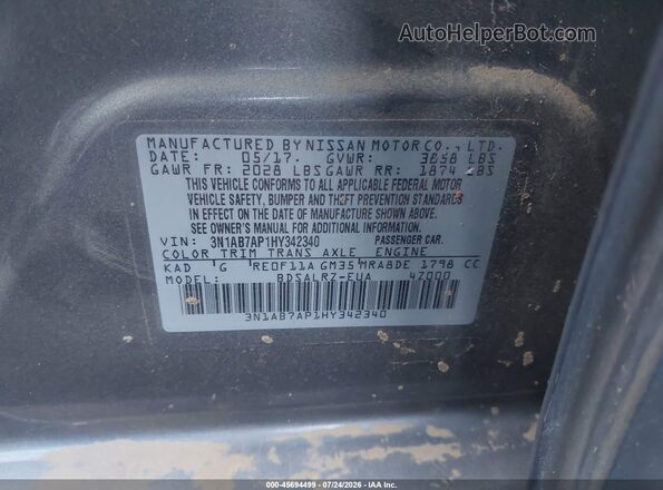 3N1AB7AP1HY342340 2017 NISSAN SENTRA Gray Вид підкапотного простору