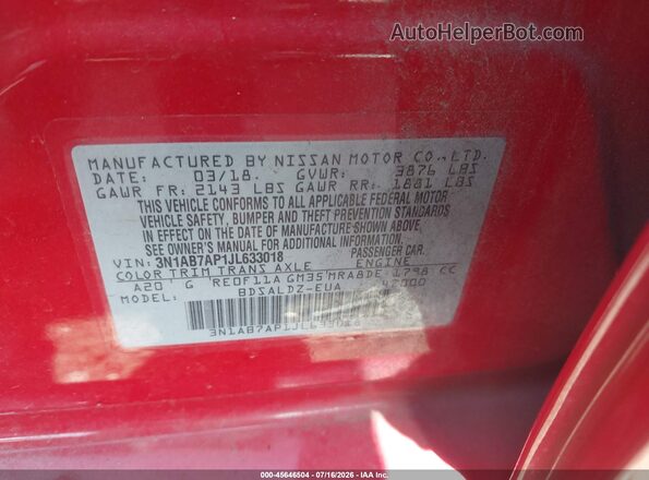 3N1AB7AP1JL633018 2018 NISSAN SENTRA Red Engine compartment view