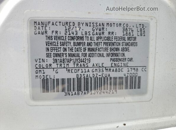 3N1AB7AP1JY244219 2018 NISSAN SENTRA Белый Вид наклейки с VIN-кодом
