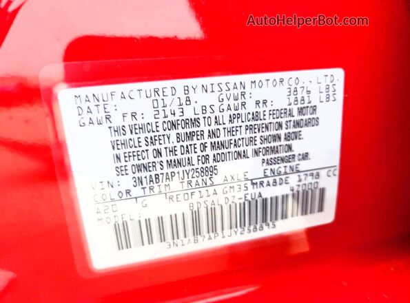 3N1AB7AP1JY258895 2018 NISSAN SENTRA Red VIN კოდის სტიკერის ხედი