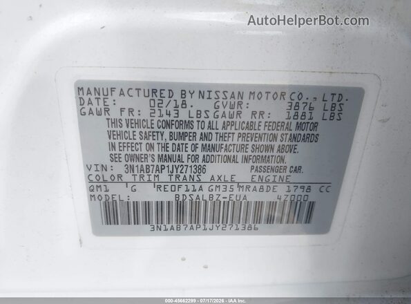 3N1AB7AP1JY271386 2018 NISSAN SENTRA White ძრავის განყოფილების ხედი
