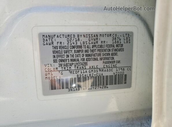 3N1AB7AP1JY274286 2018 NISSAN SENTRA White Вид підкапотного простору