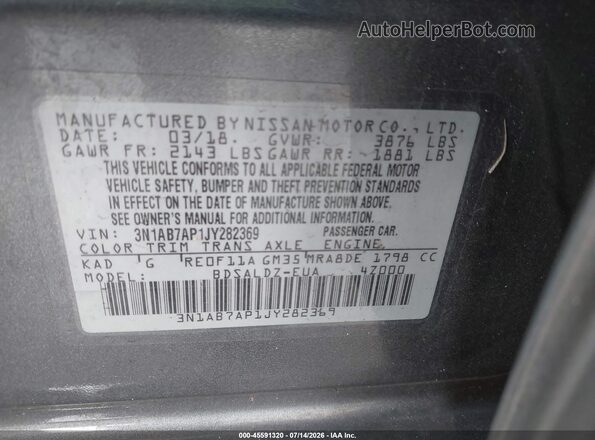 3N1AB7AP1JY282369 2018 NISSAN SENTRA Серый Вид подкапотного пространства