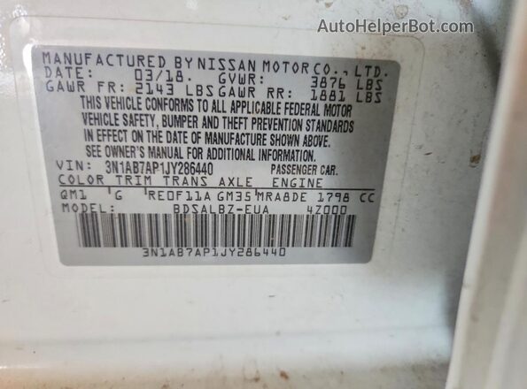 3N1AB7AP1JY286440 2018 NISSAN SENTRA White Շարժիչի բաժամունքի տեսք