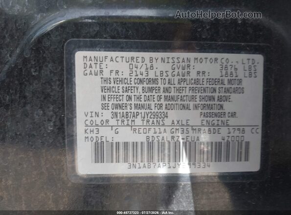 3N1AB7AP1JY299334 2018 NISSAN SENTRA Black ძრავის განყოფილების ხედი
