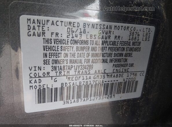 3N1AB7AP1JY334289 2018 NISSAN SENTRA Gray ძრავის განყოფილების ხედი