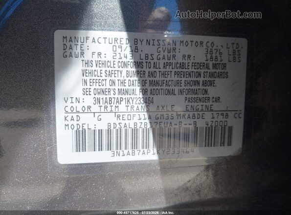 3N1AB7AP1KY233464 2019 NISSAN SENTRA Gray Engine compartment view