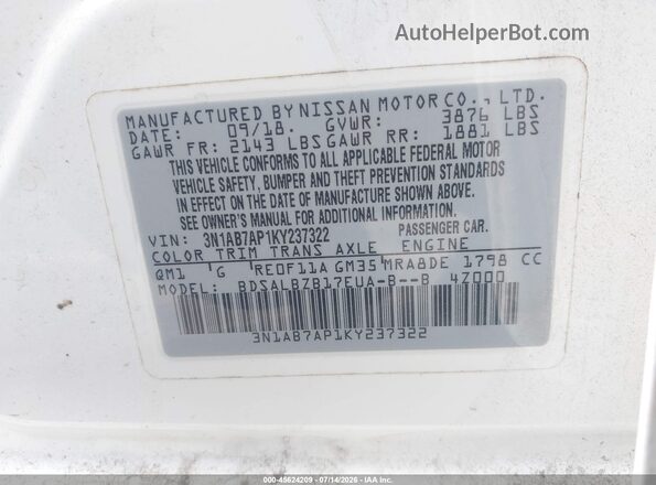 3N1AB7AP1KY237322 2019 NISSAN SENTRA White Widok komory silnika